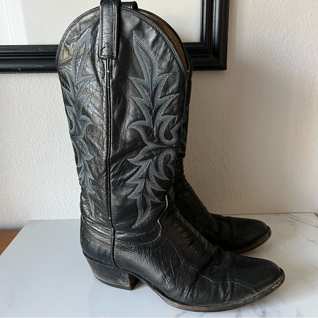 Dan Post Mens Snakeskin Leather Cowboy Boots Size 10 Black Blue Trim